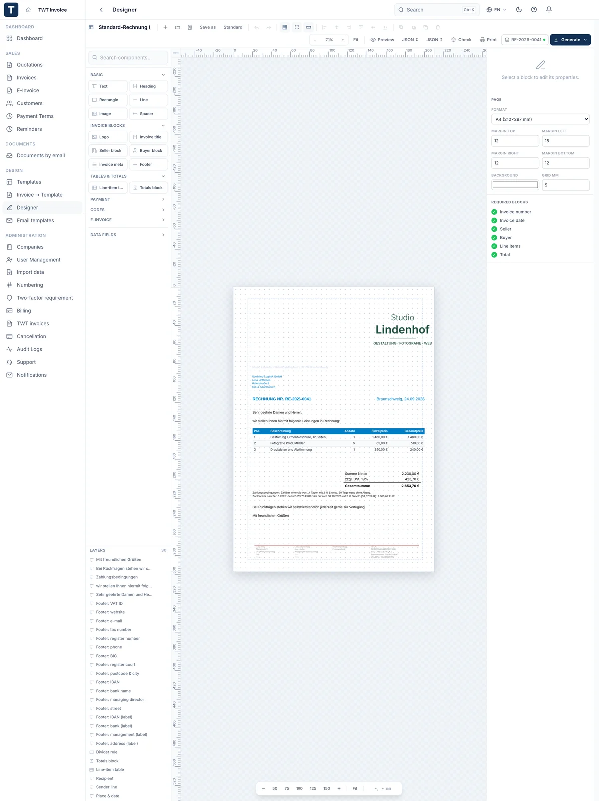 The designer with the standard template, filled with invoice RE-2026-0041: building blocks on the left, properties and mandatory blocks on the right.