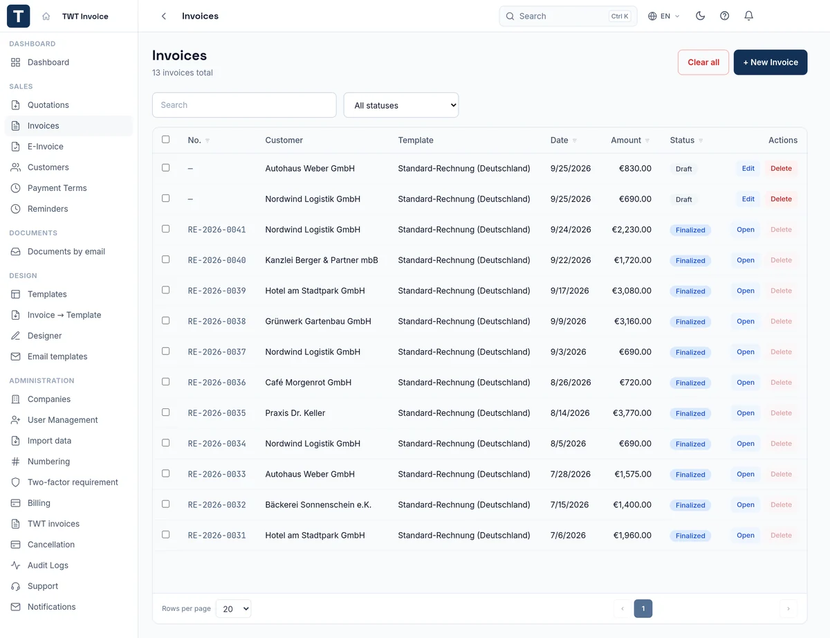 The invoice list in TWT Invoice: numbers RE-2026-0031 to RE-2026-0041 with customer, date, amount and status.